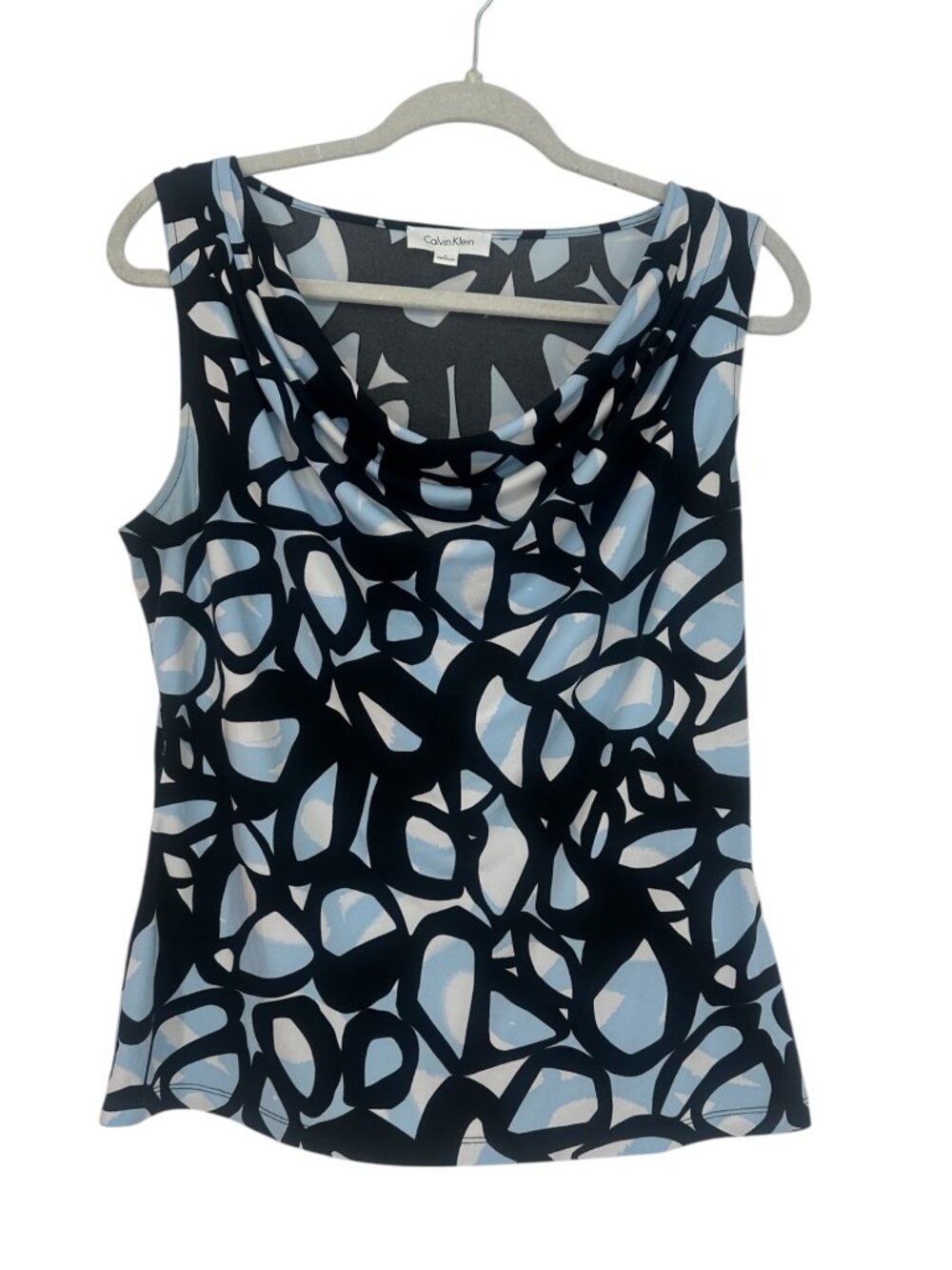 Calvin Klein Blue White Geometric Cowl Neck Blouse Large Sleeveless Stretch